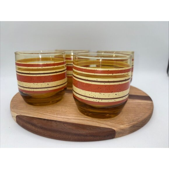 Anchor Hocking Other - Vintage MCM Anchor Hocking Set of 4 Juice Glasses Amber Glass, Red/Brown Stripes